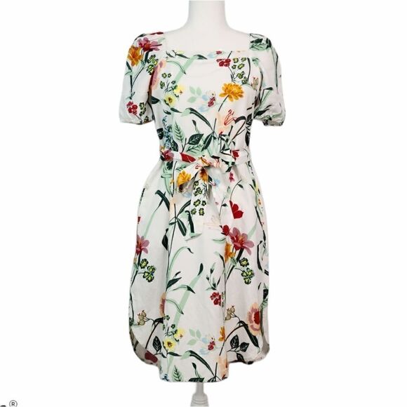 LOFT White Multicolor Floral Puff Sleeve Tent Linen Dress Size 0P Tie Waist - Picture 2 of 12